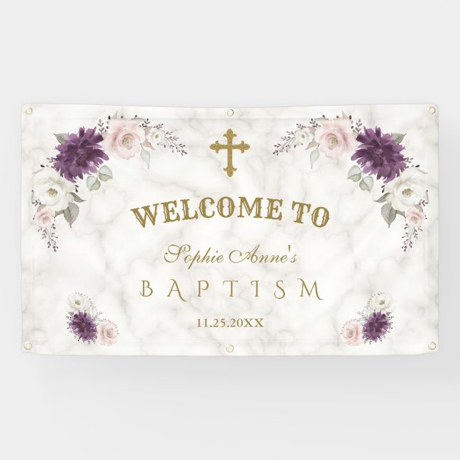 Lavender Blush Pink Flowers Baptism Welcome Sign (Horizontal)