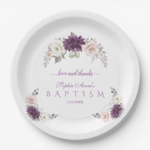 Lavender Blush White Floral Baptism Paper Plate