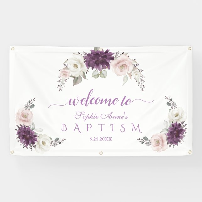 Lavender Blush White Floral Baptism Welcome Sign (Horizontal)