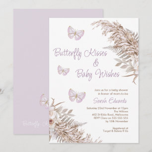Lavender Boho Floral Butterfly Kisses Baby Shower Invitation
