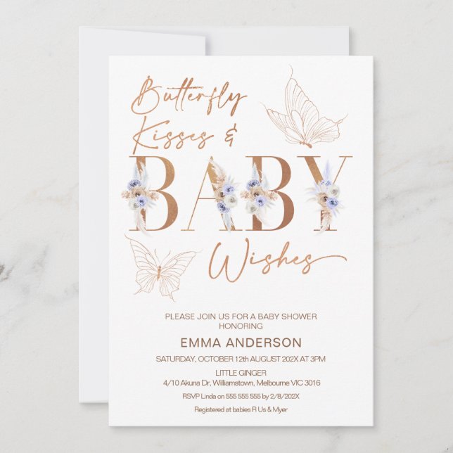 Lavender Boho Floral Butterfly kisses Baby Shower Invitation (Front)