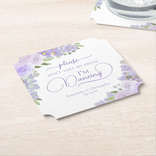 Lavender Boho Floral Don't Take My Drink Wedding Paper Coaster (Angled)