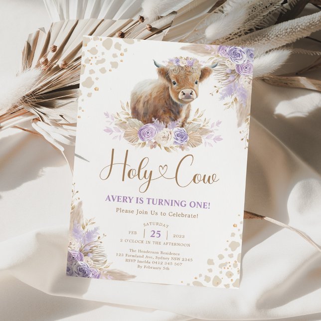 Lavender Boho Pampas Highland Cow Girl Birthday Invitation (Creator Uploaded)