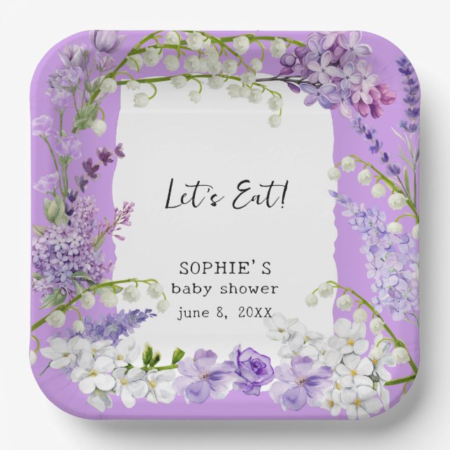 Lavender Boho Watercolor Florals Baby Shower Paper Plate (Front)