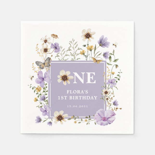 Lavender Boho Wildflower Girl 1st Birthday Party Napkin (Front)