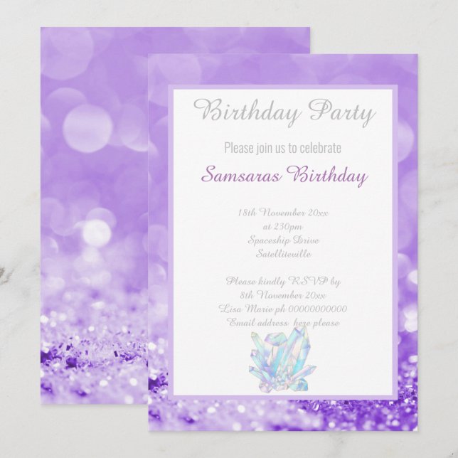 LAVENDER BOKEH CRYSTALS GEMS BIRTHDAY INVITATION (Front/Back)