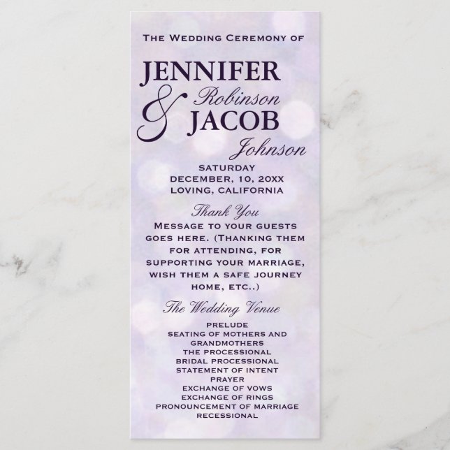 Lavender Bokeh Highlights Wedding Program Programme (Front)