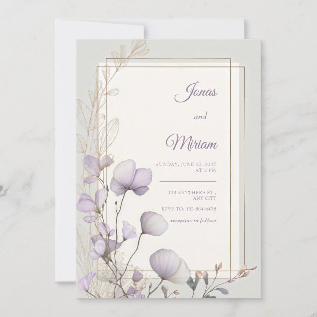 Lavender Botanical Double Gold Frame Wedding Invitation (Front)