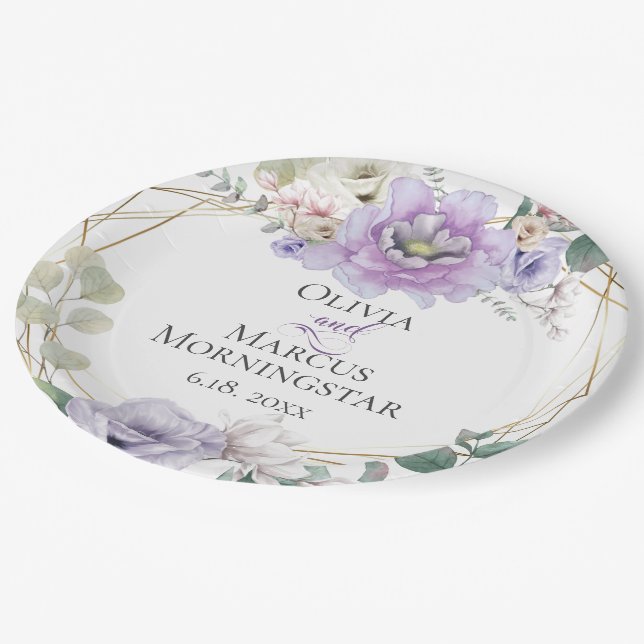 Lavender Botanical Peony Summer Wedding Paper Plate (Angled)