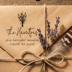 Lavender Bouquet Script Family Name Return Address Rubber Stamp