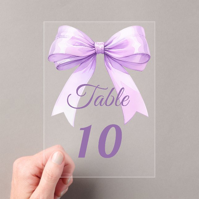 Lavender bow acrylic table number sign (Insitu (Handheld))