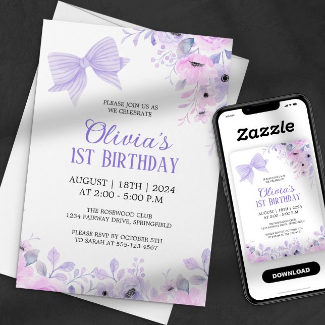 Lavender Bow and Floral Watercolor 1st Birthday Invitation (Creator Uploaded)