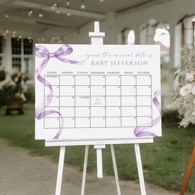Lavender Bow Baby Shower Guess Due Date Calendar Poster (Creator Uploaded)