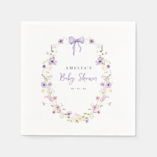 Lavender Bow Baby Shower Wildflower Paper Napkins (Front)
