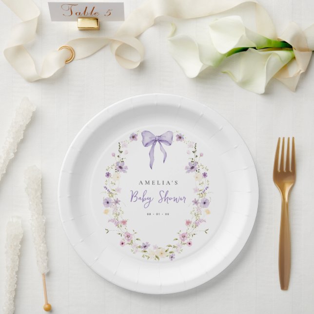 Lavender Bow Baby Shower Wildflower Paper Plates (Wedding)