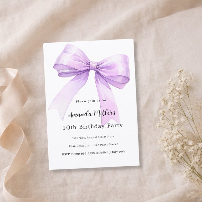 Lavender bow coquette girl birthday invitation (Creator Uploaded)