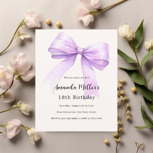 Lavender bow cream elegant birthday invitation