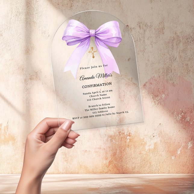 Lavender bow cream girl Confirmation arch Acrylic Invitations (Creator Uploaded)