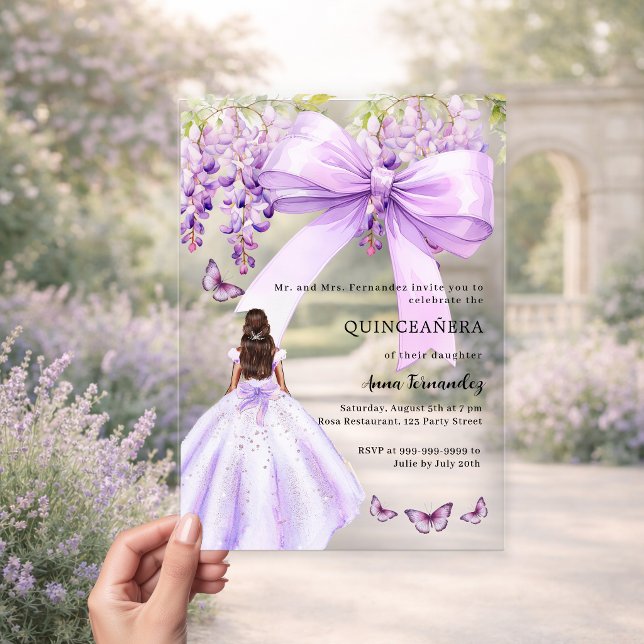 Lavender bow floral dress clear Quinceanera Acrylic Invitations (Creator Uploaded)