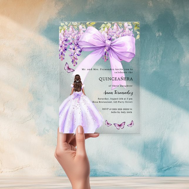 Lavender bow floral dress clear Quinceanera Acrylic Invitations (Creator Uploaded)