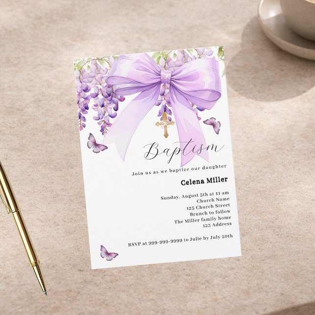 Lavender bow floral girl Baptism Invitation (Creator Uploaded)