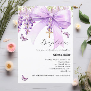 Lavender bow floral girl Baptism Invitation