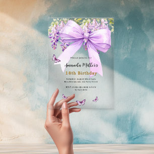 Lavender bow florals butterflies clear birthday acrylic invitations