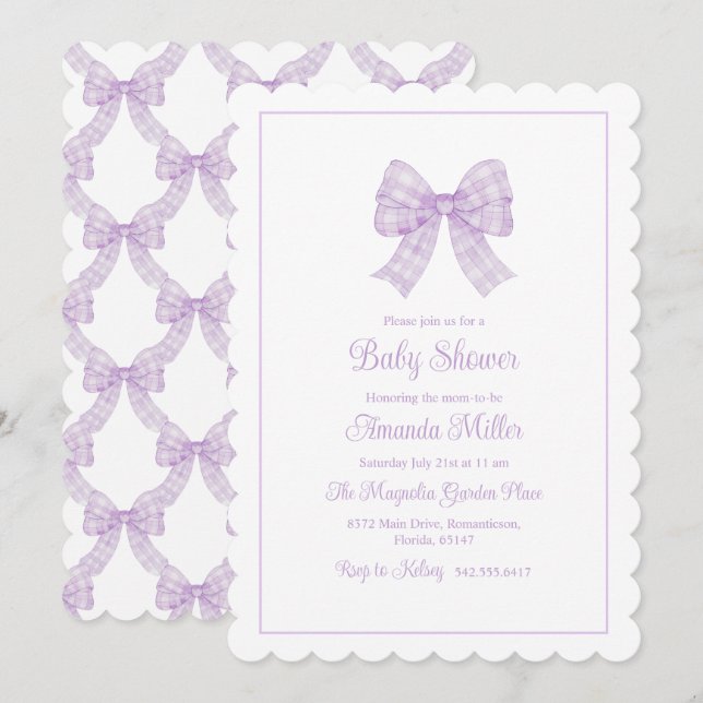 Lavender Bow Grandmillennial Preppy Baby Shower Invitation (Front/Back)