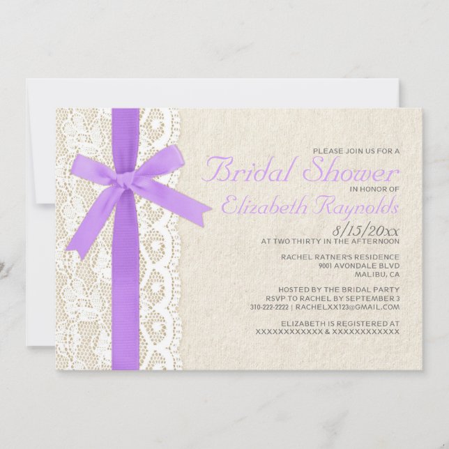 Lavender Bow & Lace Bridal Shower Invitations (Front)