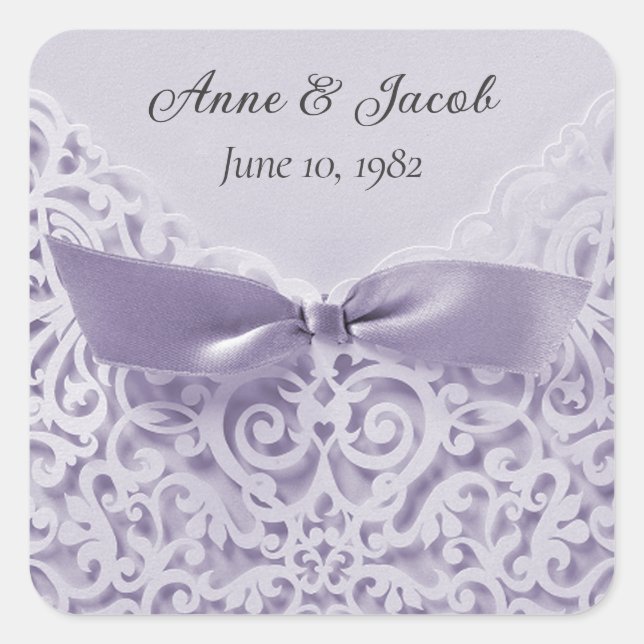 Lavender Bow On Lace Wedding Vow Renewal Square Sticker (Front)