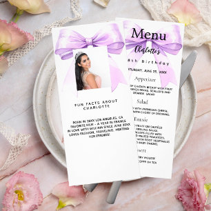 Lavender bow photo fun facts birthday menu card