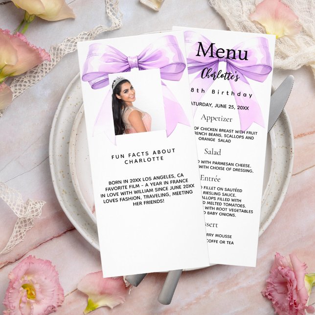 Lavender bow photo fun facts birthday menu card (Creator Uploaded)