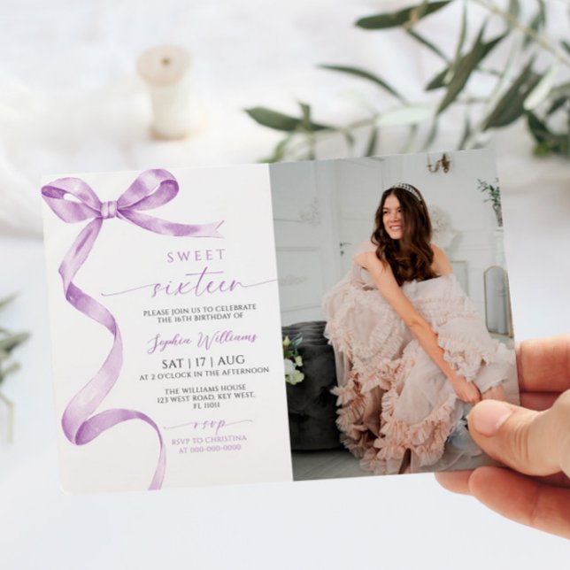 Lavender Bow Photo Sweet 16 Birthday Invitation (Creator Uploaded)
