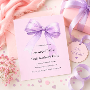 Lavender bow pink coquette birthday invitation