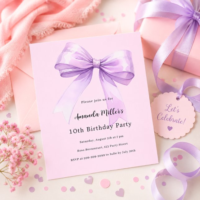 Lavender bow pink coquette birthday invitation (Creator Uploaded)
