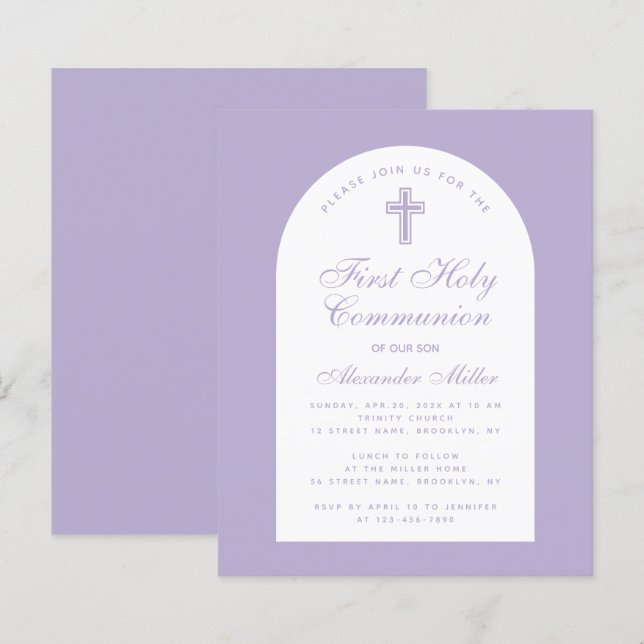 Lavender Boy First Communion Budget Invitation (Front/Back)