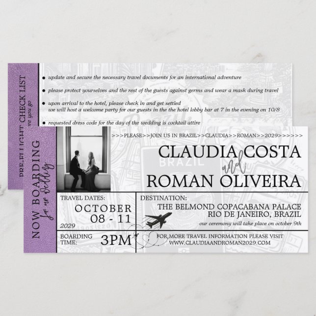 Lavender Brazil Wedding Boarding Pass Invitation (Front/Back)