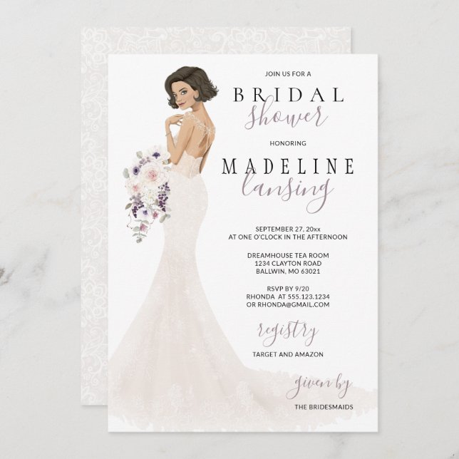 Lavender Bride in Lace Bridal Shower Invitation (Front/Back)
