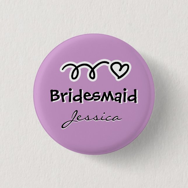 Lavender bridesmaid buttons personalised with name (Front)