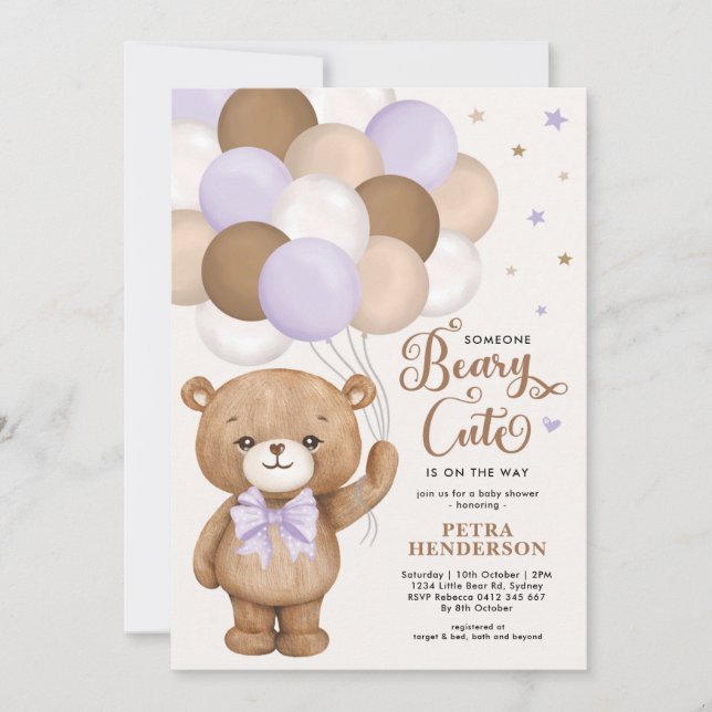 Lavender Brown Beary Cute Teddy Bear Baby Shower Invitation (Front)