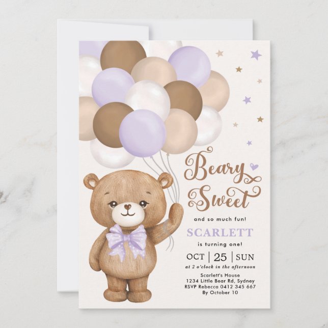 Lavender Brown Teddy Bear with Balloons Birthday Invitation (Front)