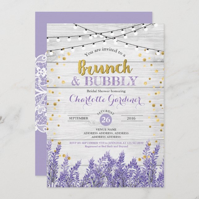 Lavender brunch & bubbly bridal shower invitation (Front/Back)