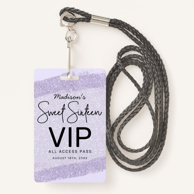 Lavender Brush Glitter Sweet 16 Invitation VIP ID Badge (Front with Lanyard)