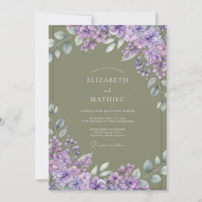 Lavender Brushstroke Blossom Wedding Invitation (Front)