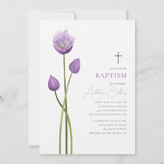 Lavender Bubble Flower Blooms Minimalist Baptism Invitation (Front)