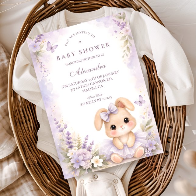 Lavender Bunny Floral Baby Shower Invitation (Creator Uploaded)
