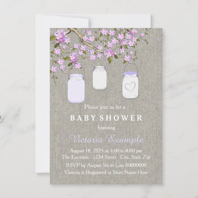 Lavender Burlap Mason Jar Baby Shower Invitation (Front)
