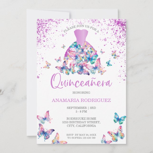 Lavender Butterflies Gown Blush Floral Quinceanera Invitation (Front)