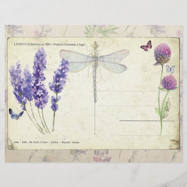 Lavender & Butterflies Vintage Postcard Paper (Front)