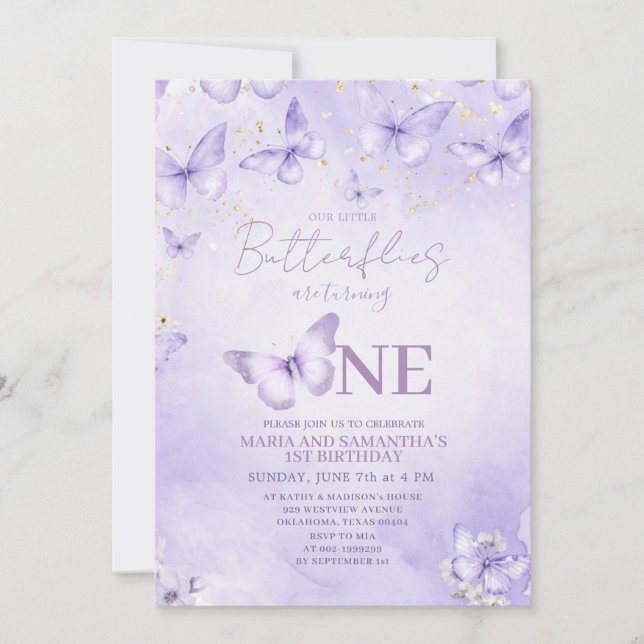 Lavender Butterfly 1st Birthday Invitation (Front)